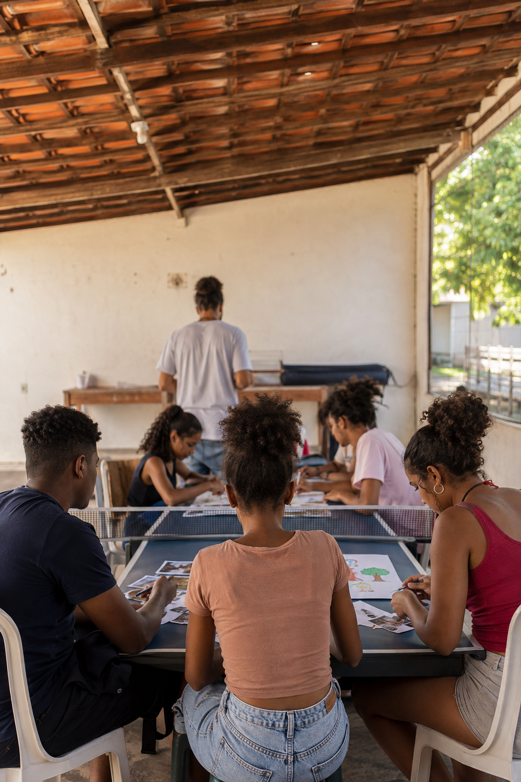 Jovens participando de uma atividade colaborativa em um espaço comunitário